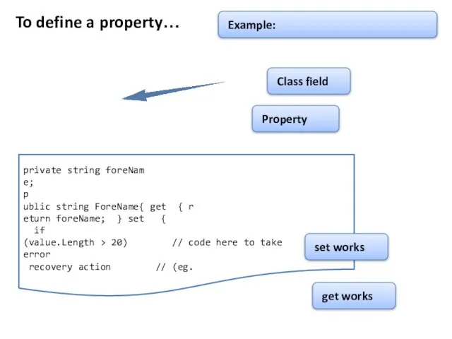 To define a property… private string foreNam e; p ublic string ForeName{