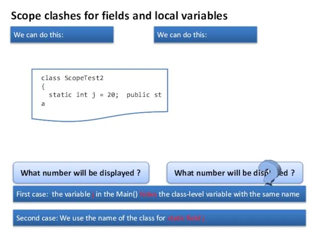 Scope clashes for fields and local variables class ScopeTest2 { static int