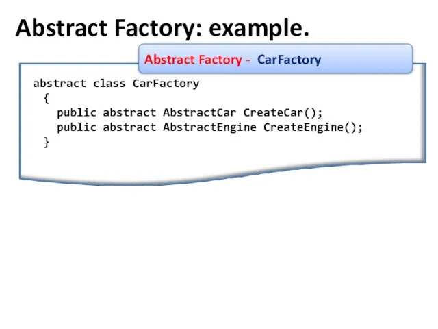 Abstract Factory: example. Abstract Factory - CarFactory abstract class CarFactory { public