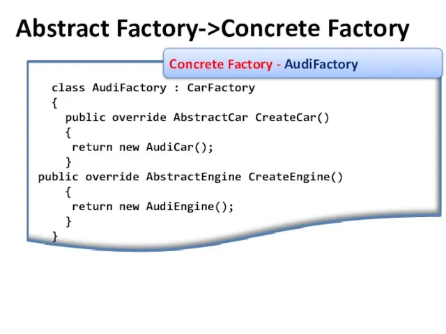 class AudiFactory : CarFactory { public override AbstractCar CreateCar() { return new