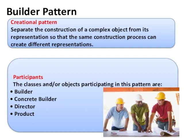 Builder Pattern Creational pattern Separate the construction of a complex object from