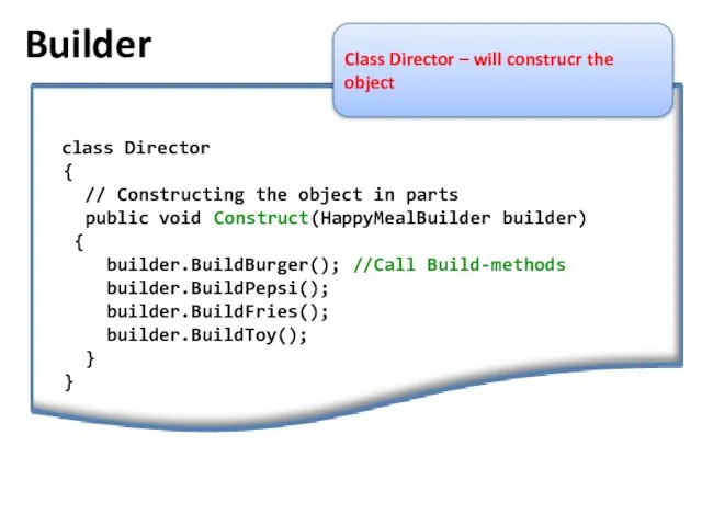Builder Class Director – will construcr the object class Director { //