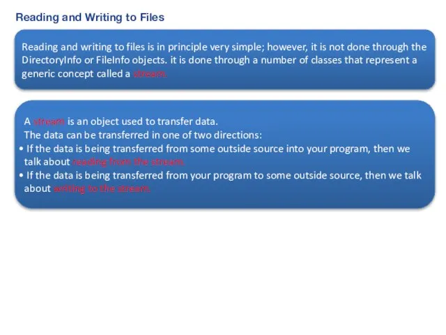 Reading and Writing to Files Reading and writing to files is in