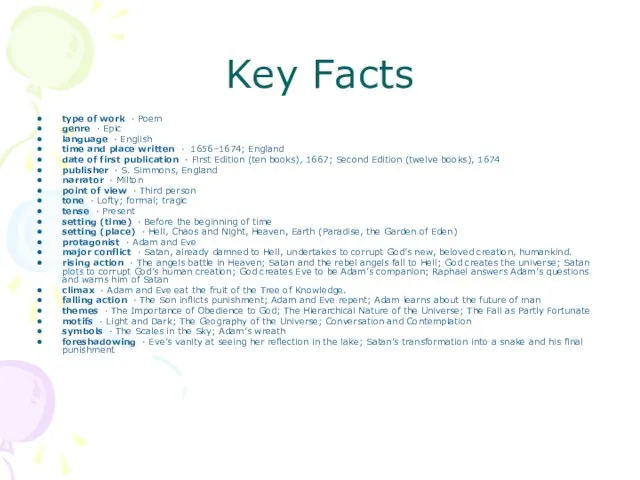 Key Facts type of work · Poem genre · Epic language ·