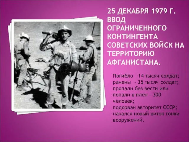 25 ДЕКАБРЯ 1979 Г. ВВОД ОГРАНИЧЕННОГО КОНТИНГЕНТА СОВЕТСКИХ ВОЙСК НА ТЕРРИТОРИЮ АФГАНИСТАНА.