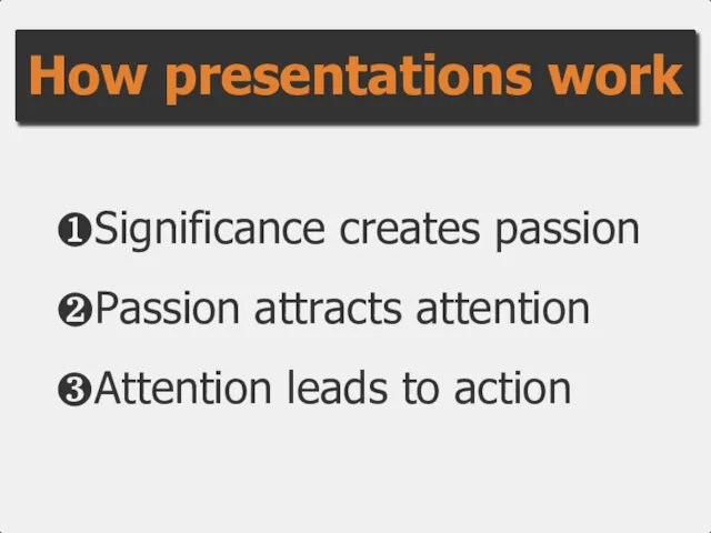 ❶Significance creates passion ❷Passion attracts attention ❸Attention leads to action How presentations work