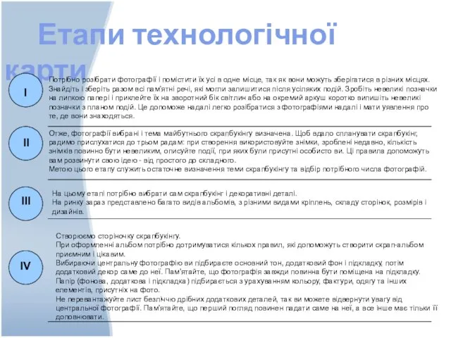 Етапи технологічної карти I Потрібно розібрати фотографії і помістити їх усі в