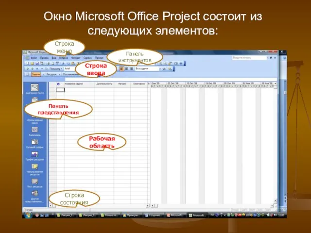 Окно Microsoft Office Project состоит из следующих элементов: