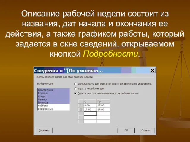 Описание рабочей недели состоит из названия, дат начала и окончания ее действия,