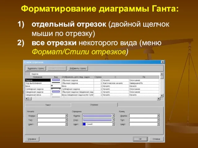 Форматирование диаграммы Ганта: отдельный отрезок (двойной щелчок мыши по отрезку) все отрезки