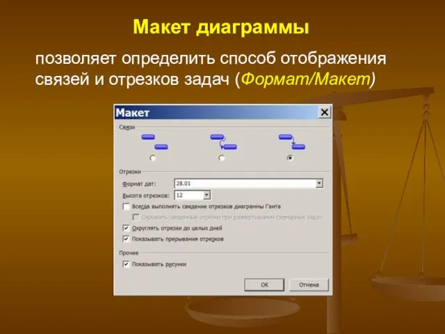 Макет диаграммы позволяет определить способ отображения связей и отрезков задач (Формат/Макет)