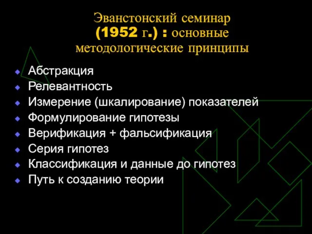 Эванстонский семинар (1952 г.) : основные методологические принципы Абстракция Релевантность Измерение (шкалирование)