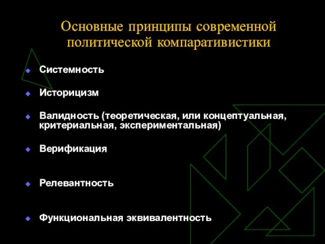 Основные принципы современной политической компаративистики Системность Историцизм Валидность (теоретическая, или концептуальная, критериальная,