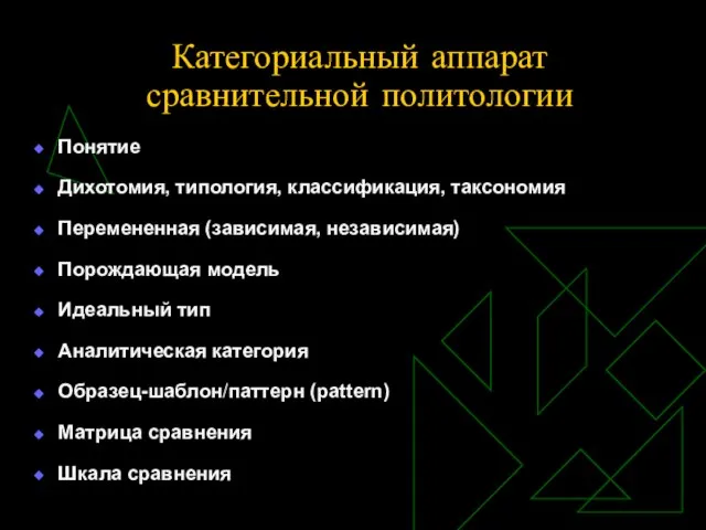 Категориальный аппарат сравнительной политологии Понятие Дихотомия, типология, классификация, таксономия Перемененная (зависимая, независимая)