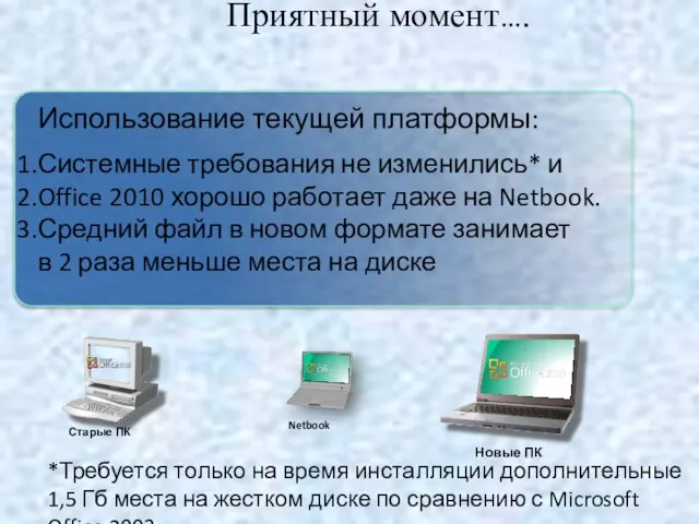 Приятный момент…. Использование текущей платформы: Системные требования не изменились* и Office 2010