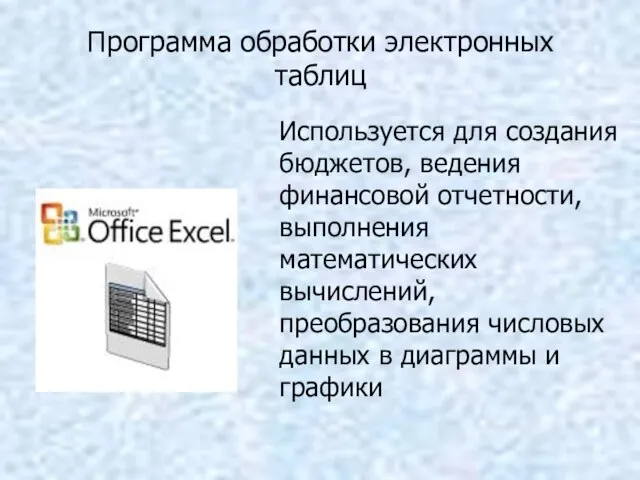 Программа обработки электронных таблиц Используется для создания бюджетов, ведения финансовой отчетности, выполнения