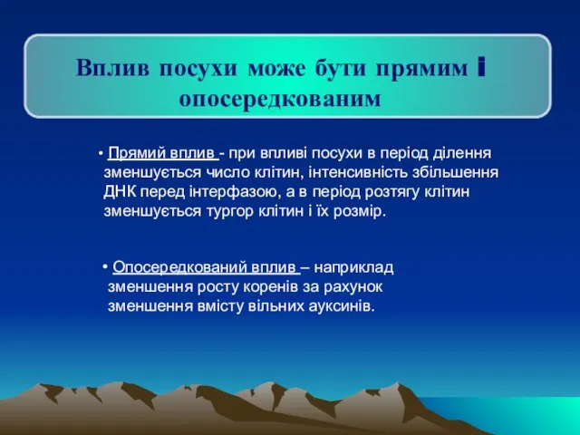 Вплив посухи може бути прямим i опосередкованим Прямий вплив - при впливi