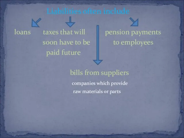 Liabilities often include loans taxes that will pension payments soon have to