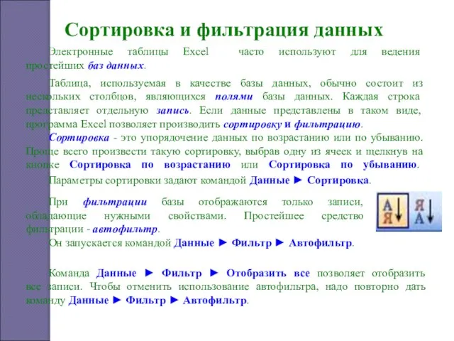 Сортировка и фильтрация данных Электронные таблицы Excel часто используют для ведения простейших