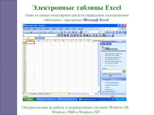 Электронные таблицы Excel Одно из самых популярных средств управления электронными таблицами -