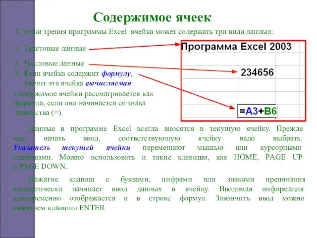 Содержимое ячеек С точки зрения программы Excel ячейка может содержать три вида