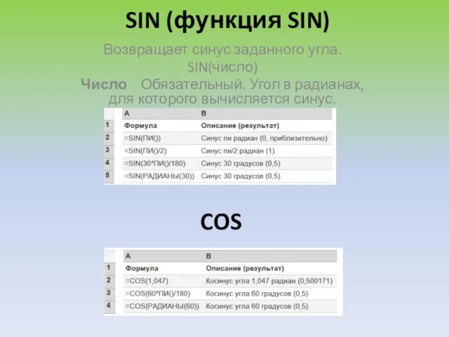 SIN (функция SIN) Возвращает синус заданного угла. SIN(число) Число Обязательный. Угол в
