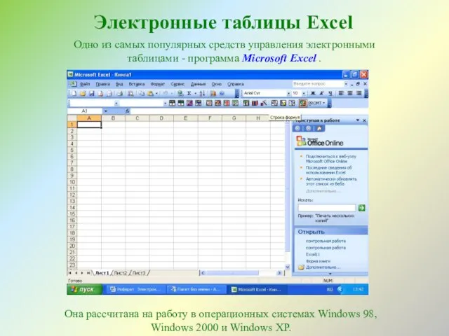 Электронные таблицы Excel Одно из самых популярных средств управления электронными таблицами -