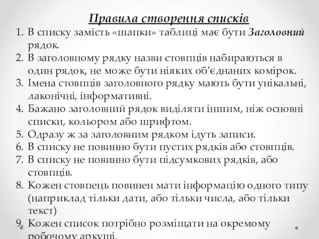 Правила створення списків В списку замість «шапки» таблиці має бути Заголовний рядок.