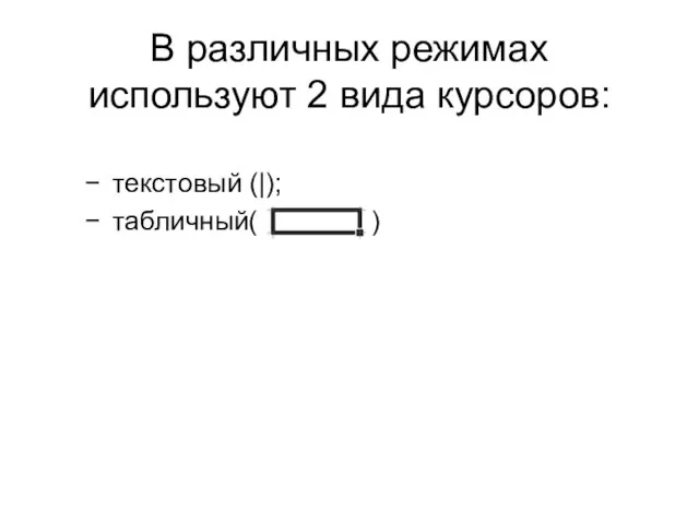 В различных режимах используют 2 вида курсоров: текстовый (|); табличный( )