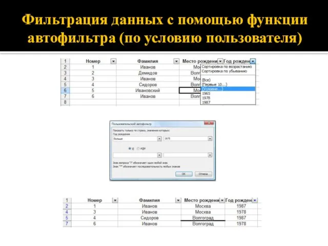 Фильтрация данных с помощью функции автофильтра (по условию пользователя)