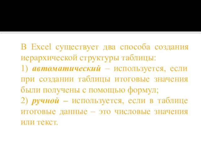 В Excel существует два способа создания иерархической структуры таблицы: 1) автоматический –