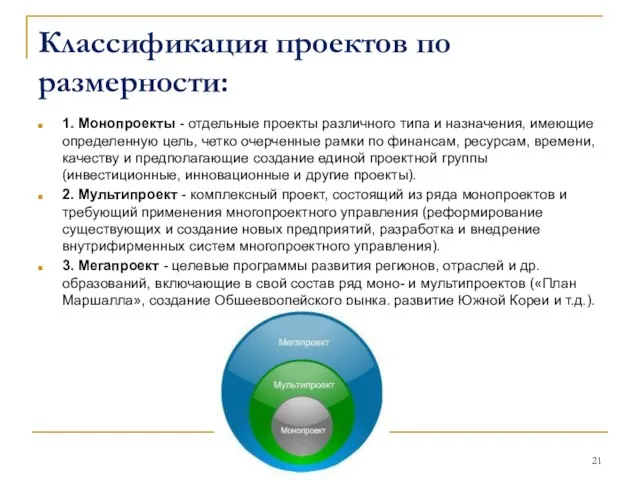 Классификация проектов по размерности: 1. Монопроекты - отдельные проекты различного типа и