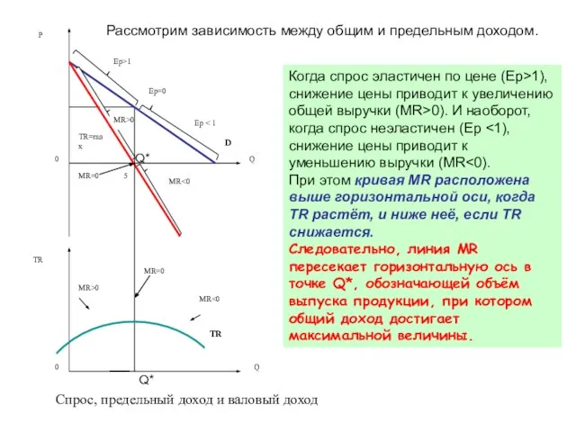 Рассмотрим зависимость между общим и предельным доходом. Когда спрос эластичен по цене