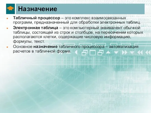 Назначение Табличный процессор – это комплекс взаимосвязанных программ, предназначенный для обработки электронных