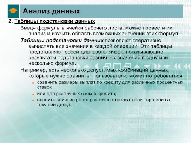 Анализ данных 2. Таблицы подстановки данных Введя формулы в ячейки рабочего листа,