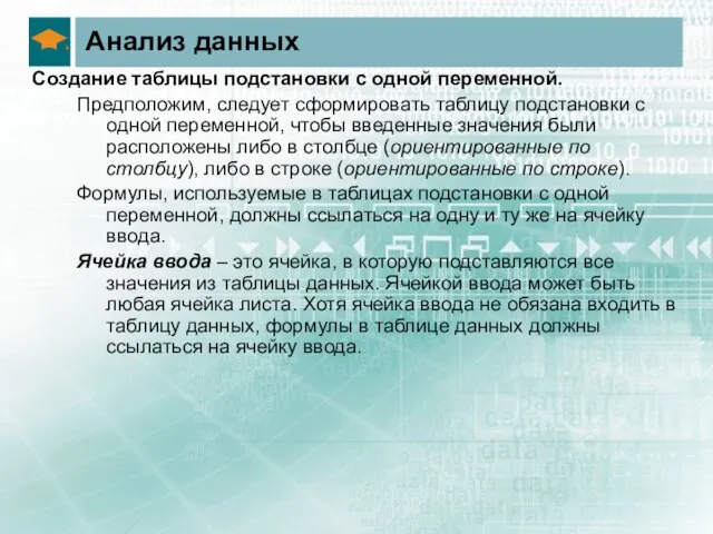 Анализ данных Создание таблицы подстановки с одной переменной. Предположим, следует сформировать таблицу