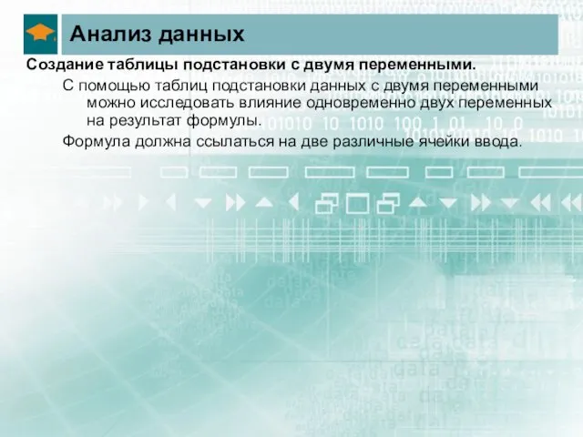 Анализ данных Создание таблицы подстановки с двумя переменными. С помощью таблиц подстановки