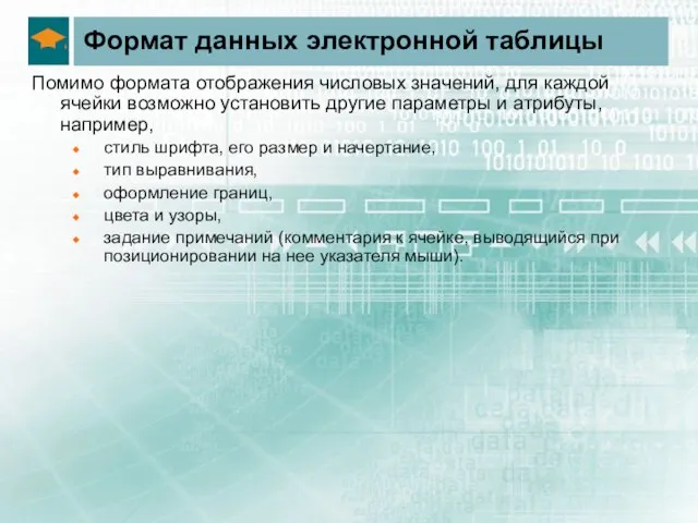 Формат данных электронной таблицы Помимо формата отображения числовых значений, для каждой ячейки