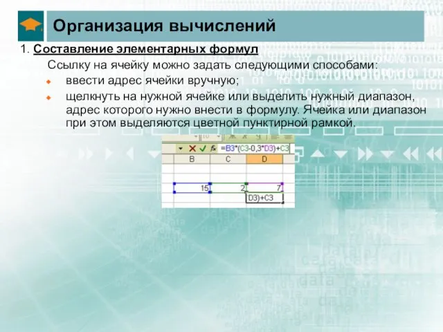 Организация вычислений 1. Составление элементарных формул Ссылку на ячейку можно задать следующими