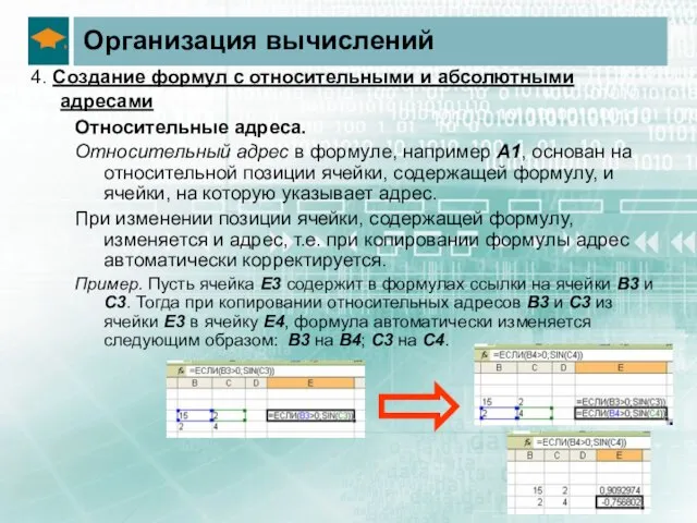 Организация вычислений 4. Создание формул с относительными и абсолютными адресами Относительные адреса.