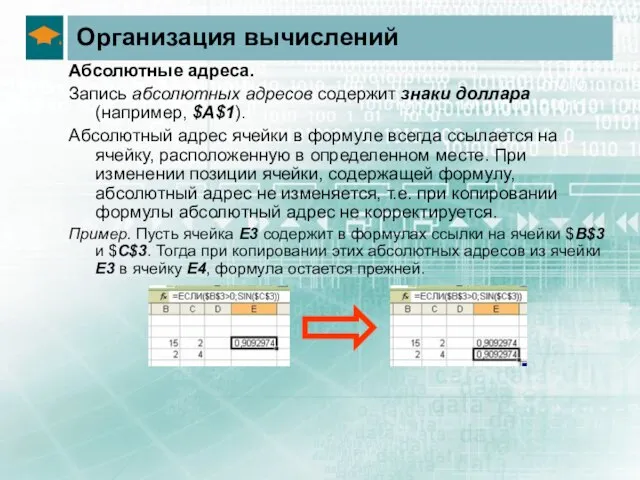 Организация вычислений Абсолютные адреса. Запись абсолютных адресов содержит знаки доллара (например, $A$1).