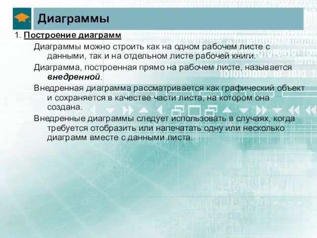 Диаграммы 1. Построение диаграмм Диаграммы можно строить как на одном рабочем листе