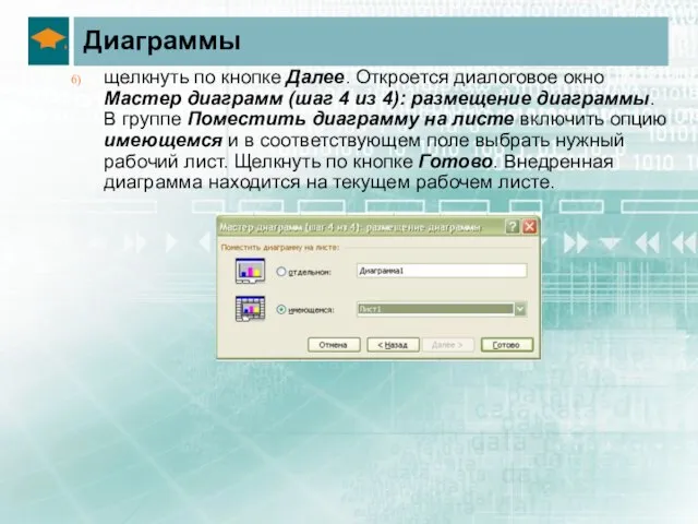 Диаграммы щелкнуть по кнопке Далее. Откроется диалоговое окно Мастер диаграмм (шаг 4