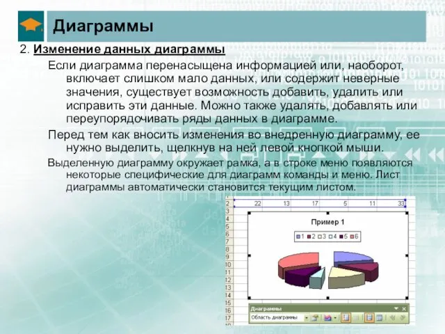 Диаграммы 2. Изменение данных диаграммы Если диаграмма перенасыщена информацией или, наоборот, включает