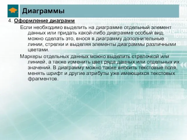 Диаграммы 4. Оформление диаграмм Если необходимо выделить на диаграмме отдельный элемент данных