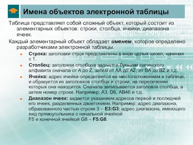 Имена объектов электронной таблицы Таблица представляет собой сложный объект, который состоит из