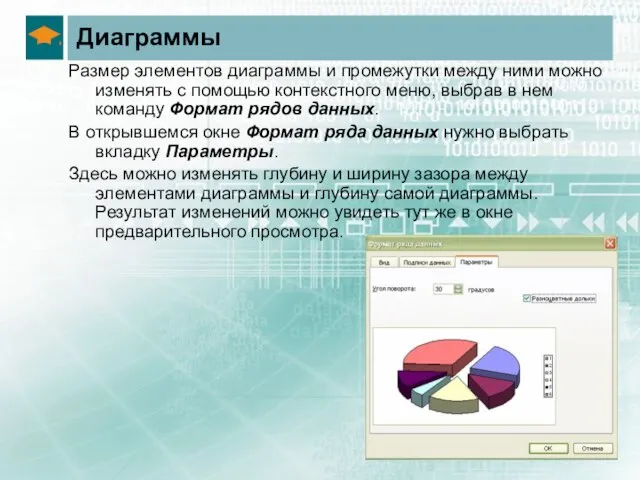 Диаграммы Размер элементов диаграммы и промежутки между ними можно изменять с помощью