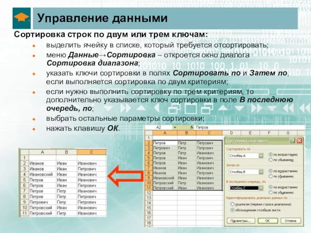 Управление данными Сортировка строк по двум или трем ключам: выделить ячейку в