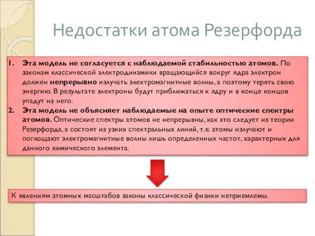 Недостатки атома Резерфорда Эта модель не согласуется с наблюдаемой стабильностью атомов. По