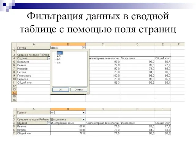 Фильтрация данных в сводной таблице с помощью поля страниц